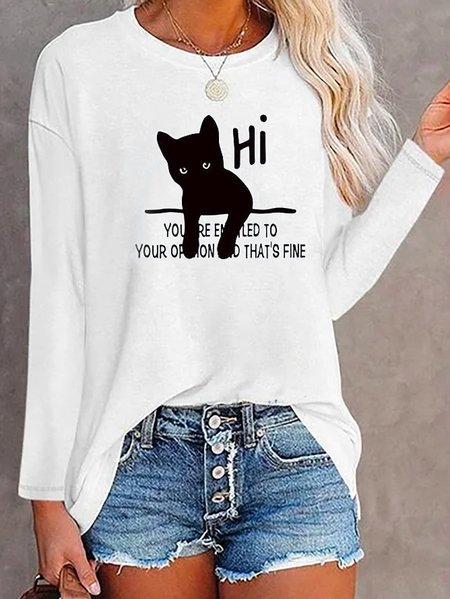 Cartoon And Slogan Graphic Long Sleeve T-Shirt, White, Tops
