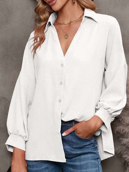 Casual Plain Regular Fit Shirt Collar Blouse, White, Blouses & Shirts
