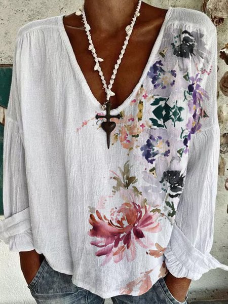 Casual Regular Fit Floral Cotton And Linen Top, White, Blouses & Shirts