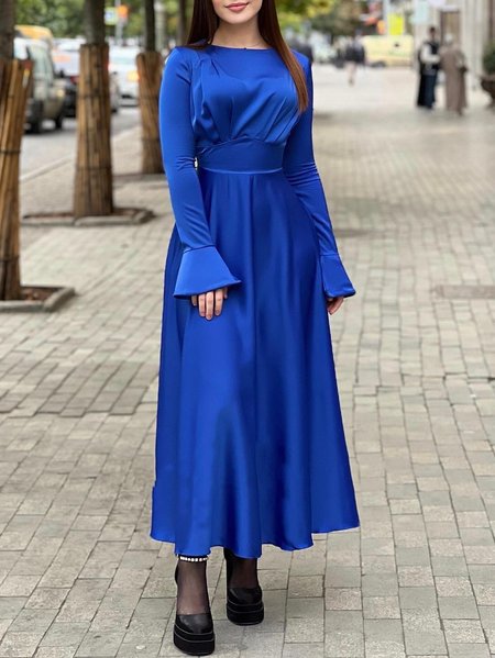 Regular Fit Elegant Satin Dress, Blue, Midi Dresses