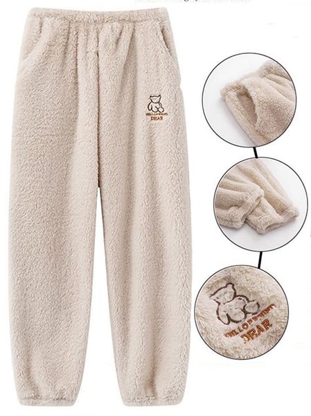 Cotton-Blend Loose Casual Plain Casual Pants, Beige, Pants
