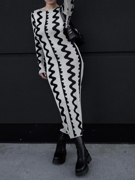 Square Neck Regular Fit Geometric Elegant Dress, White, Maxi Dresses