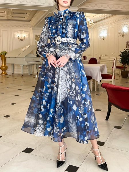 Elegant Half Turtleneck Floral Dress, Blue, Midi Dresses
Elegant Half Turtleneck Floral Dress, Blue, Midi Dresses