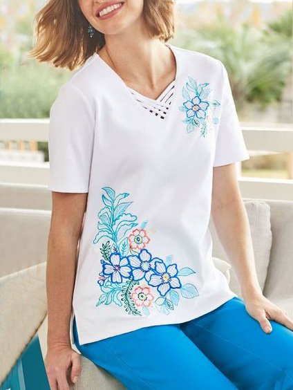 Floral Casual V Neck Loose T-Shirt, White, T-Shirts
