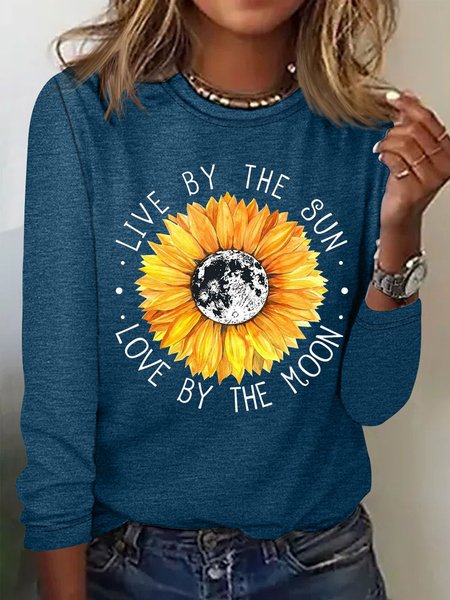 Womens Live The Sun Love By Moon Print Casual Top, Blue, Long sleeves