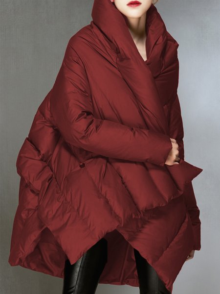 Simple Turtleneck Loose Plain Fleece Coat, Wine red, Padded Jackets