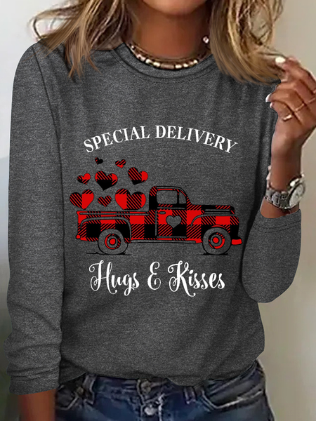 Women's Valentine's Day Special Delivery Hugs and Kisses Long Sleeve Top, Gray, Long sleeves