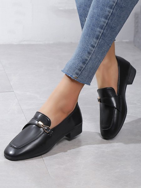Casual Metal Decor Low Heel Loafers, Black, Flats