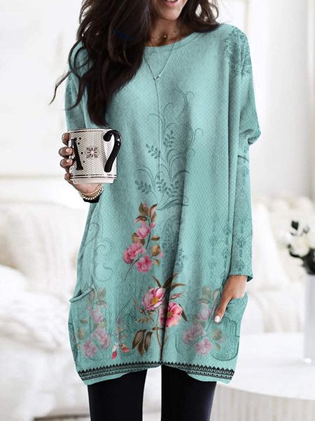 Boho Crew Neck Ethnic Knitted Dress, Multicolor, Mini Dresses