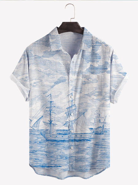 Ocean Nautical Printed Chest Pocket Short Sleeve Casual Shirt, Light blue, Men Shirts