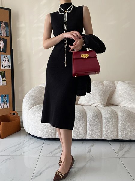 Regular Fit Plain Half Turtleneck Elegant Dress, Black, Knitwear