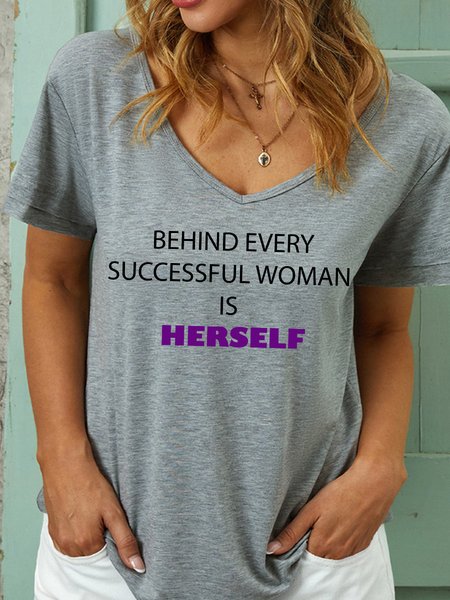 

Lilicloth x Iqs Behind Every Successful Woman Is Herself Women‘s V Neck T-Shirt, Gray, T-shirts