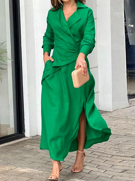 Elegant Regular Fit Plain Shirt Collar Dress, Green, Maxi Dresses