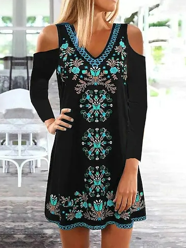 Ethnic Regular Fit V Neck Casual Dress, Black, Dresses