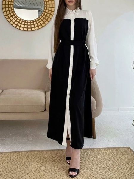 Regular Fit Elegant Shirt Collar Plain Dress, Black, Maxi Dresses