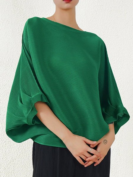 Plain Urban Loosen Boat Neck Blouse, Green, Blouses and Shirts