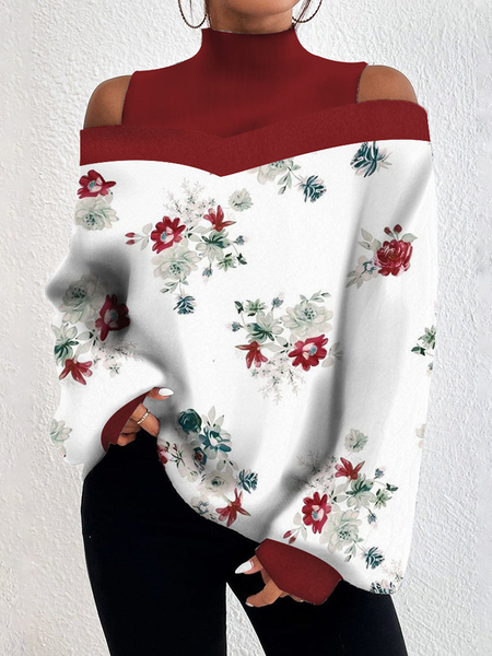 Floral Loose Turtleneck Casual Top, White, Tops