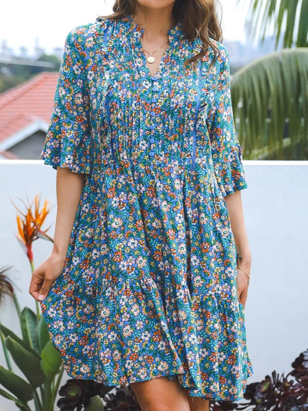 Boho Floral Regular Fit V Neck Dress, Blue, Dresses
