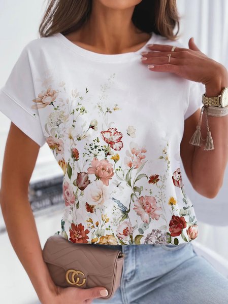 Floral Crew Neck Casual Regular Fit T-Shirt, White, T-Shirts