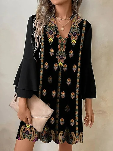 V Neck Loose Casual Dress, Black, Mini Dresses