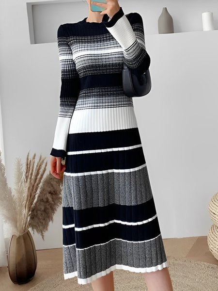 Striped Elegant Long Sleeve Midi Dress, Black-grey, Midi Dresses