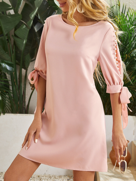 Plain Loose Casual Imitation Pearls Dress, Pink, Dresses