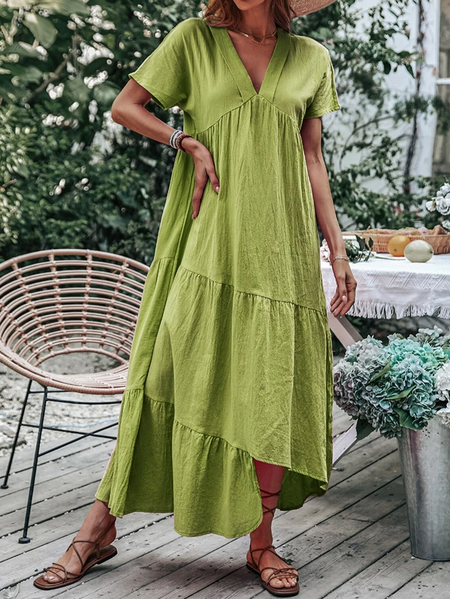 Cotton And Linen Plain V Neck Casual Dress, Green, Dresses
