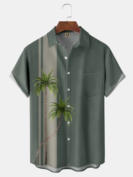 Coconut Tree Chest Pocket Short Sleeve Bowling Shirt, Green, Men Shirts