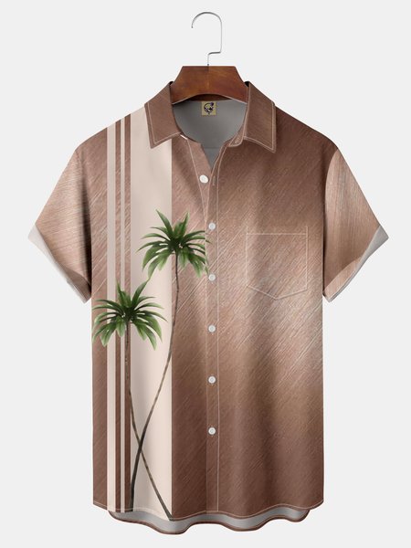 Coconut Tree Chest Pocket Short Sleeve Bowling Shirt, Light coffee, Men Shirts