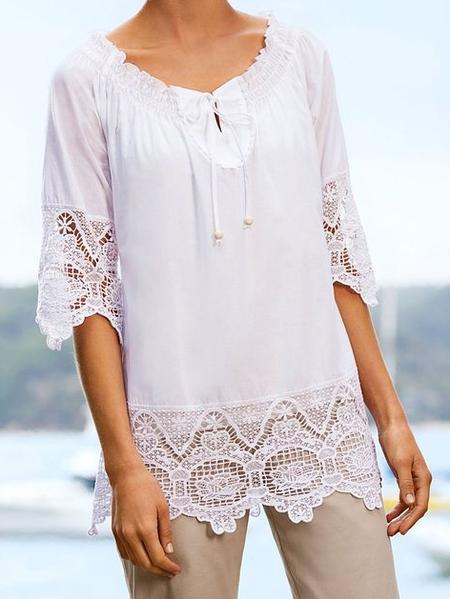 Plain Casual Lace V Neck Loose Blouse, White, Clothing