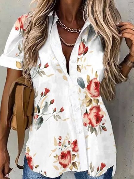Floral Regular Fit V Neck Casual Blouse, White, Tops