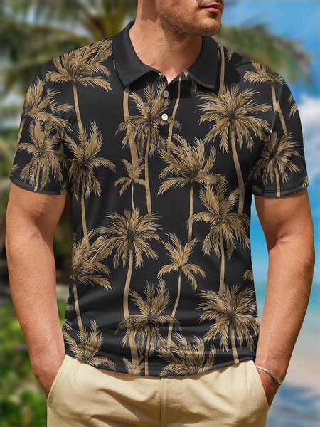 Coconut Tree Button Short Sleeve Golf Polo Shirt, Black, Polo Shirts