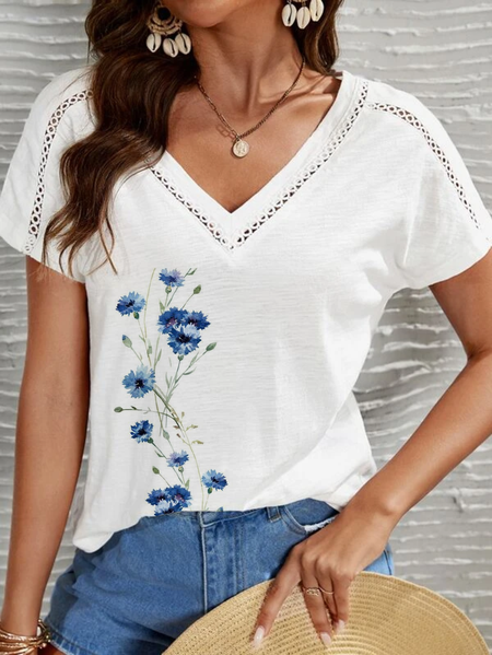 Floral Cotton-Blend Casual V Neck T-Shirt, White, T-Shirts