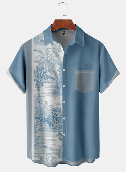 Palm Tree Chest Pocket Short Sleeve Aloha Shirt, Blue, Men Shirts