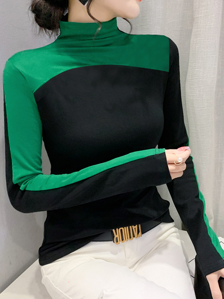 High Elasticity Tight Color Block Long sleeve Urban Tight T-Shirt, Black-green, Tees