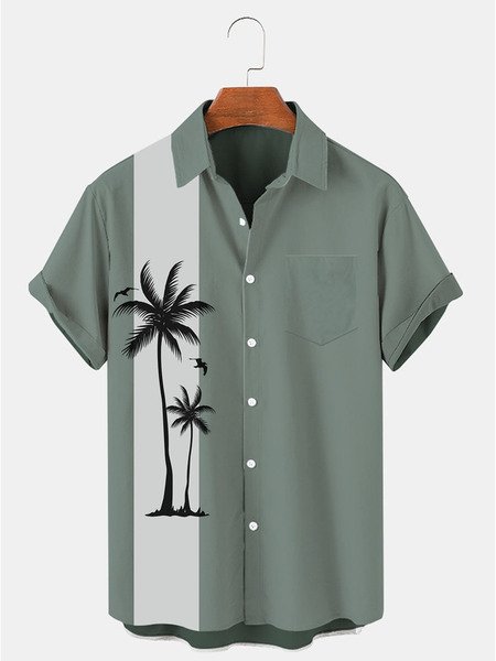 Big size Coconut Tree Chest Pocket Short Sleeve Bowling Shirt, Green, Men Shirts