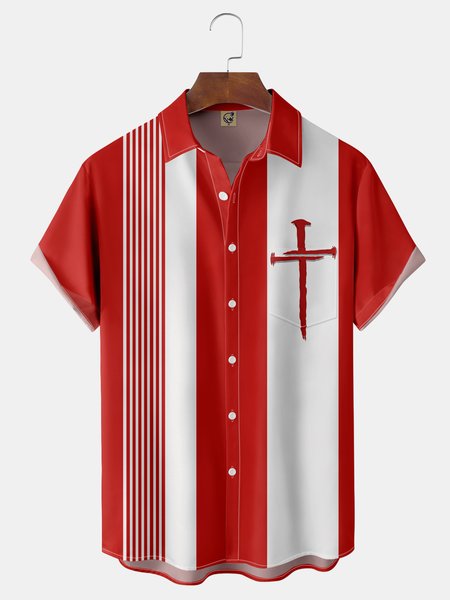 Easter Cross Chest Pocket Short Sleeve Casual Shirt, Red, Men Shirts