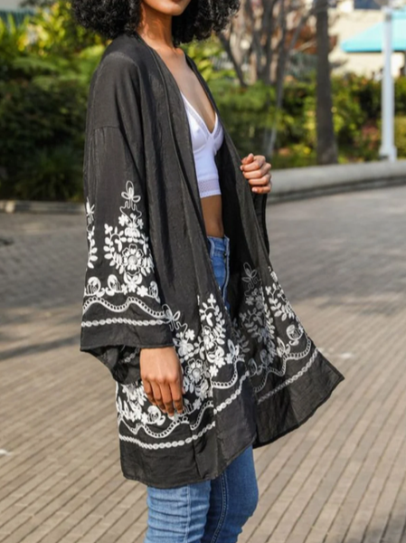 Casual Loose Wrap Floral Coat, Black, Cardigans
