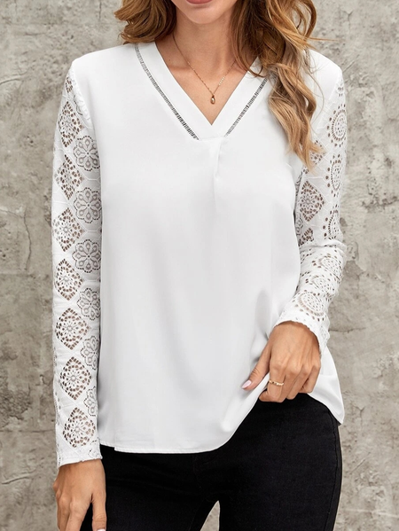 V Neck Plain Casual Lace Blouse, White, Tunics