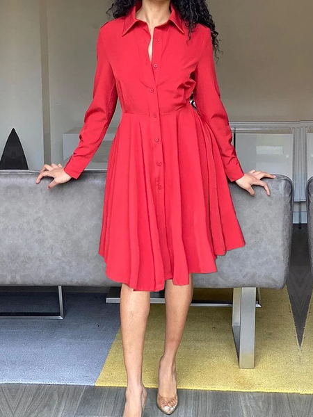 Plain Regular Fit Shirt Collar Long sleeve Urban Midi Dress, Red, Midi Dresses