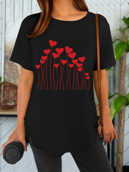 Women's Gift for Valentines Day Heart Loose Casual Crew Neck T-Shirt, Black, T-shirts