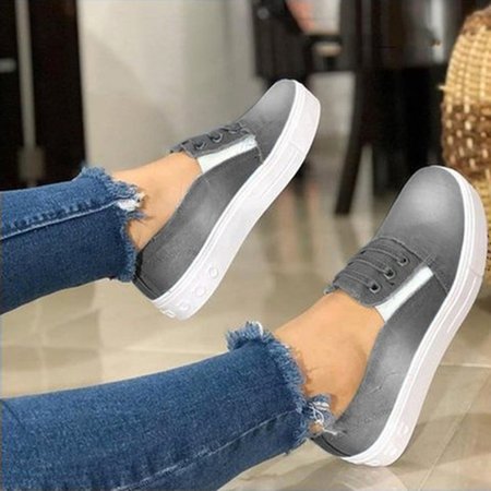Ombre Graphic-Print Denim Lace-Up Canvas Flats, Gray, Sneakers