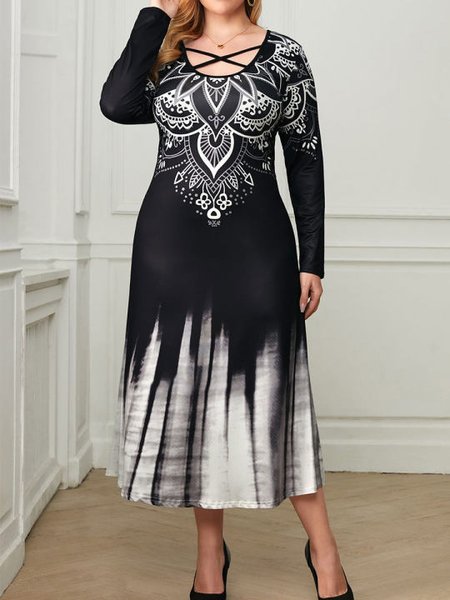 Ethnic V Neck Loose Casual Dress, Black, Dresses