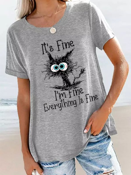 Round Neck Casual Loose Cat Letter Print Short Sleeve T-shirt, Gray, T-Shirts
Round Neck Casual Loose Cat Letter Print Short Sleeve T-shirt, Gray, T-Shirts