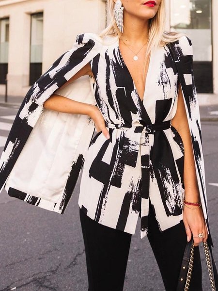 V Neck Elegant Geometric Print Blazer, Black, Blazers