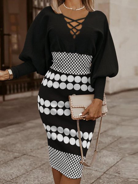 Polka Dots Regular Fit V Neck Elegant Dress, Black, Midi Dresses