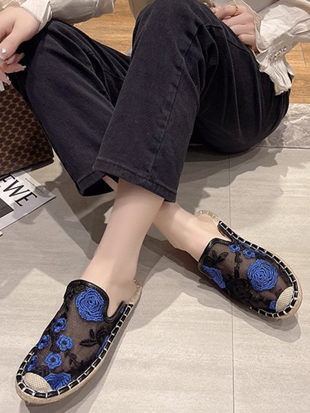 Romantic Rose Embroidery Mesh Flat Espadrilles, Black-blue, Flats