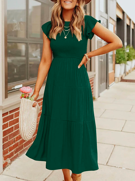 Loose Crew Neck Plain Boho Dress, Green, Dresses