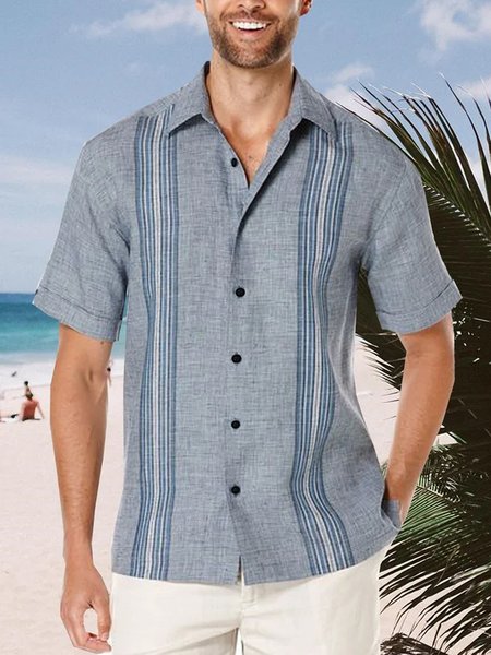 Striped Short Sleeve Bowling Shirt, Gray, Short Sleeve Shirts
