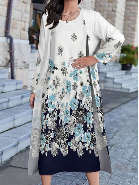 Floral Casual Loose Crew Neck Two-Piece Set, White, Suit Set